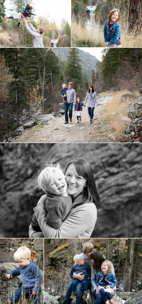 A family of 4 walks down a mountain trail in the Bitterroot Valley during a Montana family photo session, taken by Night Owl Imagery - a Western Montana family photographer.